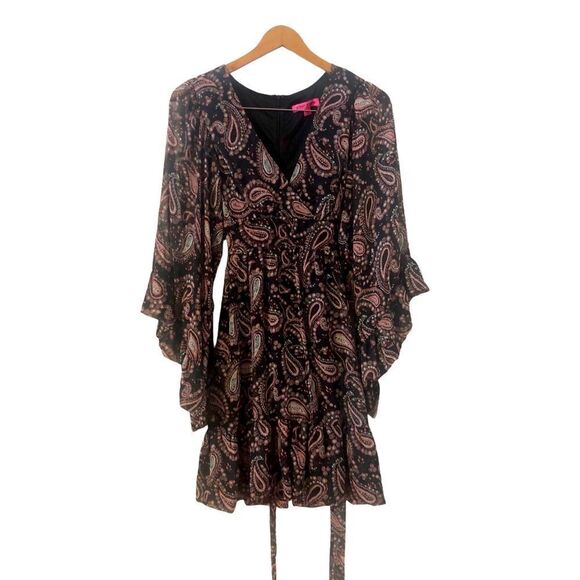 Betsy Johnson Bambi Black/Pink Paisley Ruffle Hem Vneck Flared Bell Sleeve Sz 10 - Picture 1 of 6